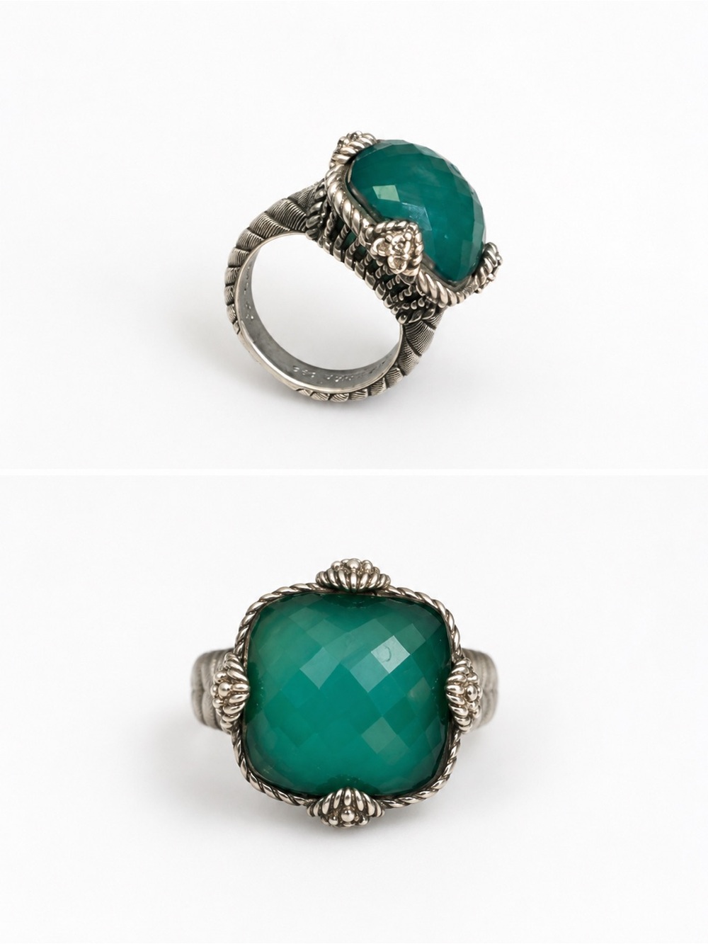 Judith Ripka Silver Ring with Teal Cushion Gemstone